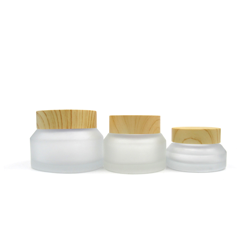 eco friendly cosmetic containers 1oz 30ml Oblique shoulders frosted glass cream jar with wood grain lid