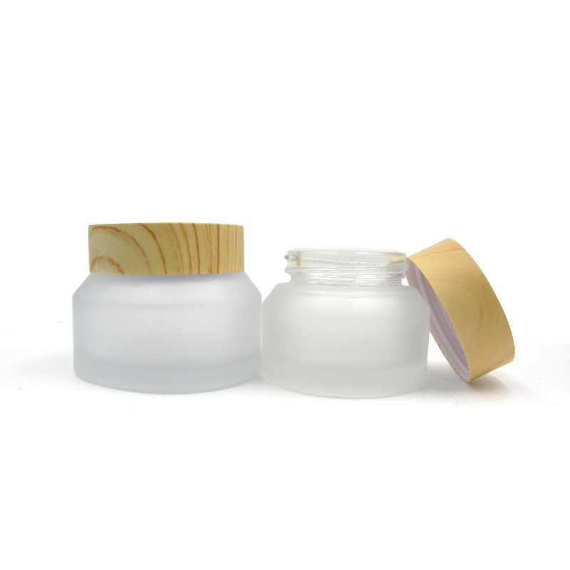 eco friendly cosmetic containers 1oz 30ml Oblique shoulders frosted glass cream jar with wood grain lid