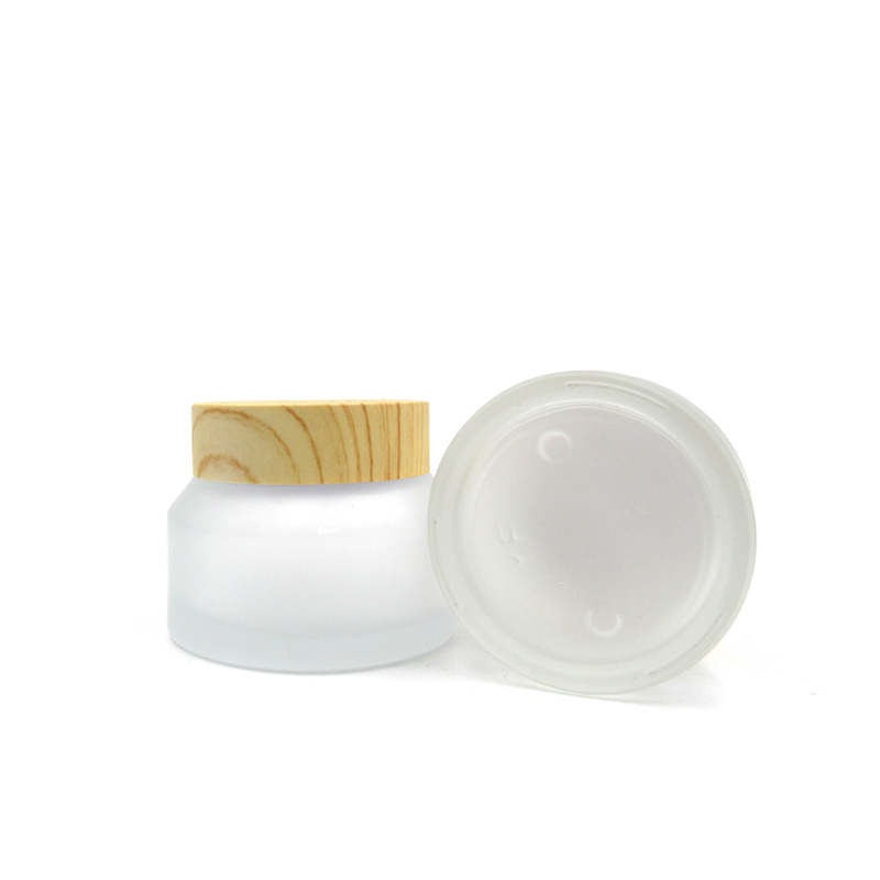eco friendly cosmetic containers 1oz 30ml Oblique shoulders frosted glass cream jar with wood grain lid