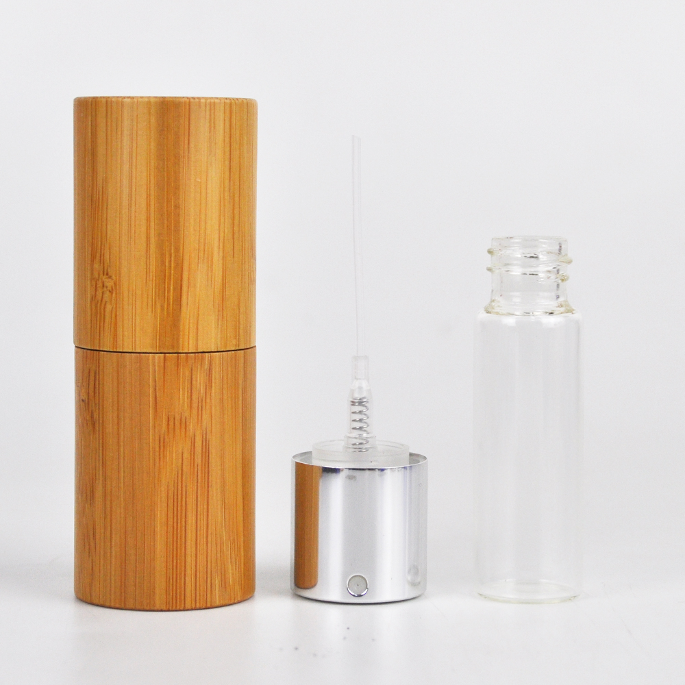 eco friendly cosmetic packaging fine mist pump serum spray glass bottle with bamboo