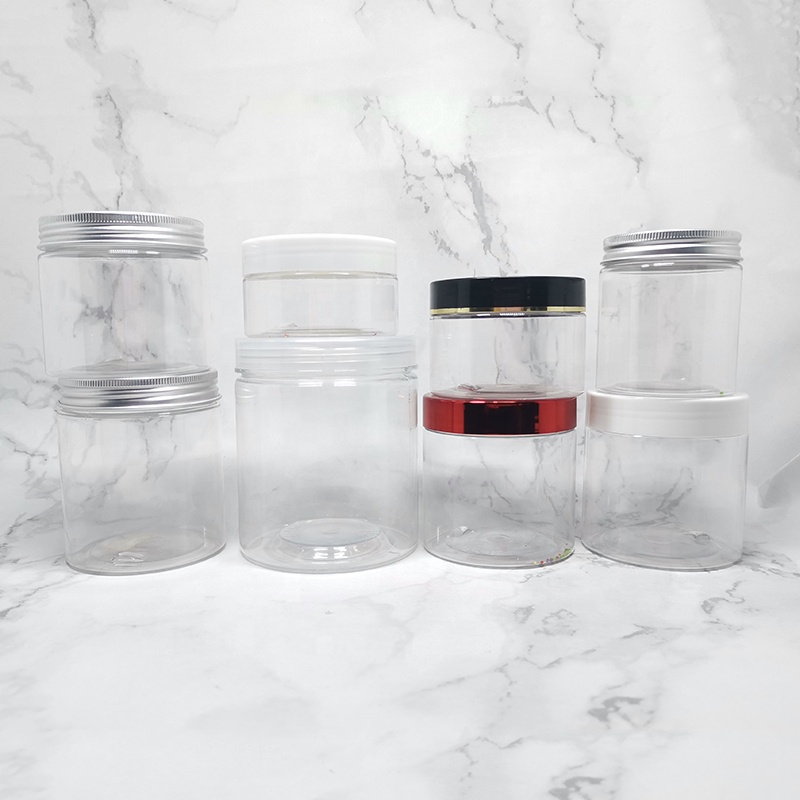 eco friendly custom clear 100ml 150ml 200ml 250ml 300ml plastic pet dry food container cookies  jars with metal lid
