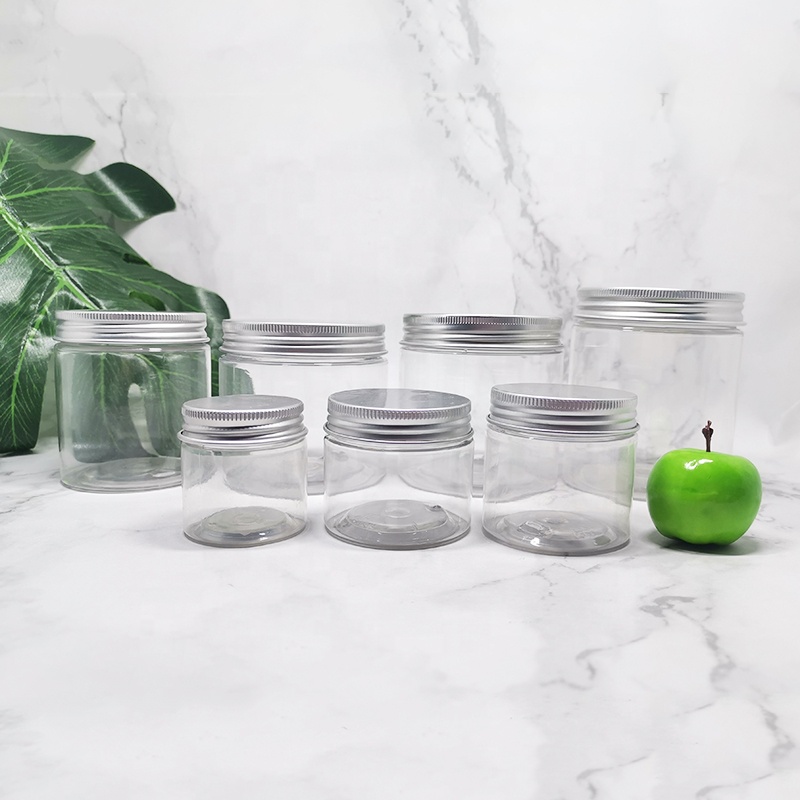 eco friendly custom clear 100ml 150ml 200ml 250ml 300ml plastic pet dry food container cookies jars with metal lid