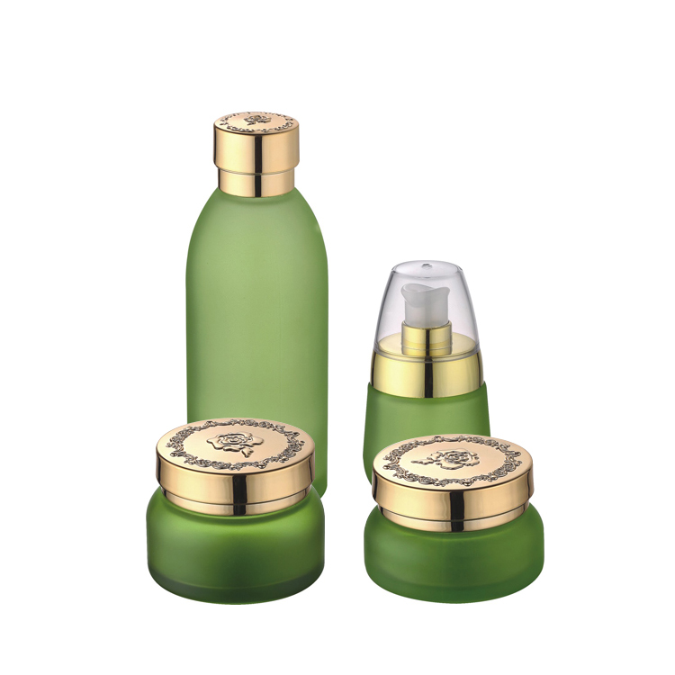 eco friendly empty 30ml 120ml green glass cosmetic bottles and jars plastic lotion bottles with lid