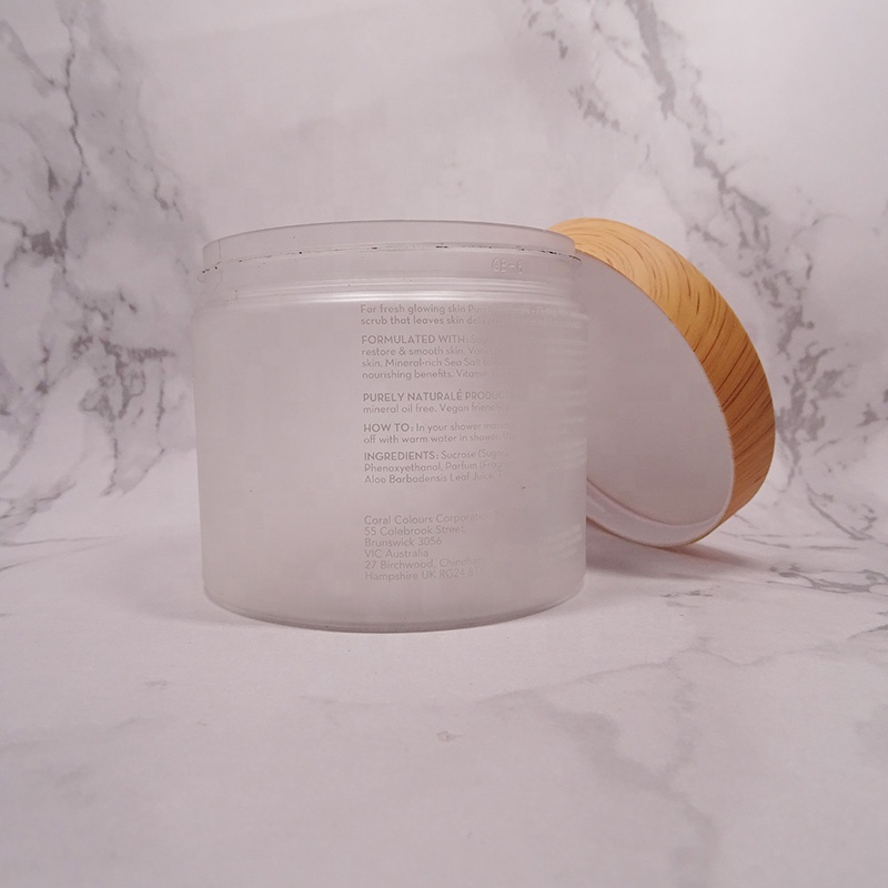 eco friendly empty frosted cear 600ml cosmetic Plastic PET body cream scrub jar with water transfer lid