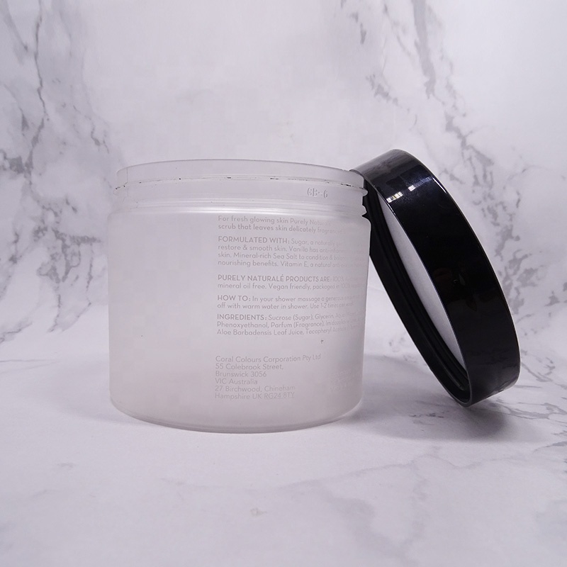 eco friendly empty frosted cear 600ml cosmetic Plastic PET body cream scrub jar with water transfer lid