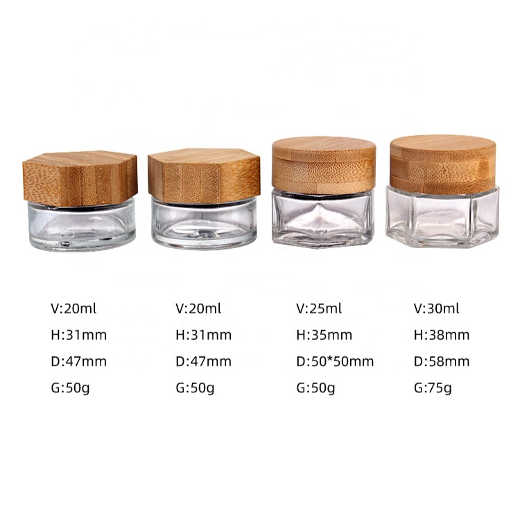 eco friendly luxury cosmetic 20g 25g 30g clear glass cosmetic jar for cream with bamboo wooden cap