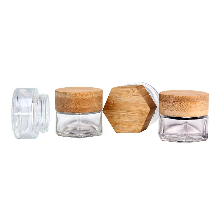 eco friendly luxury cosmetic 20g 25g 30g clear glass cosmetic jar for cream with bamboo wooden cap