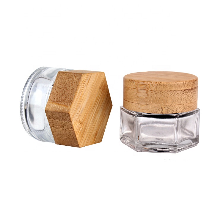 eco friendly luxury cosmetic 20g 25g 30g clear glass cosmetic jar for cream with bamboo wooden cap