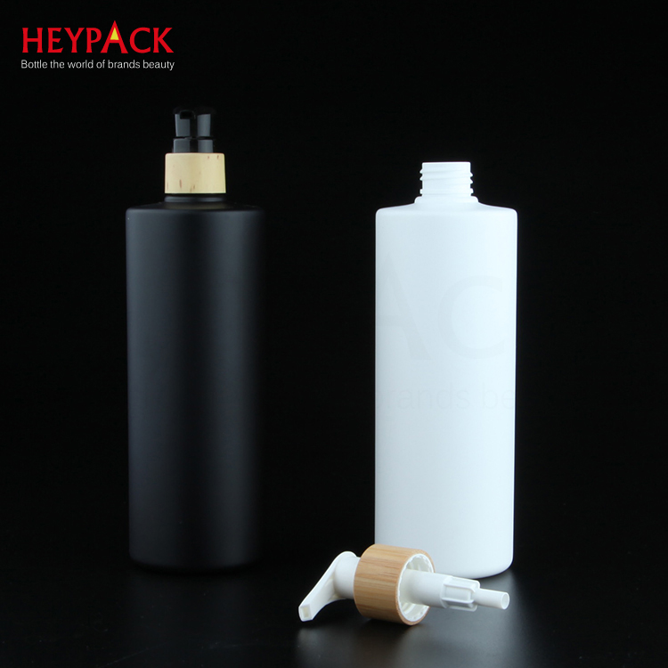 eco-friendly matte white & matte black cylinder pet shampoo bottle with bamboo pump sprayer