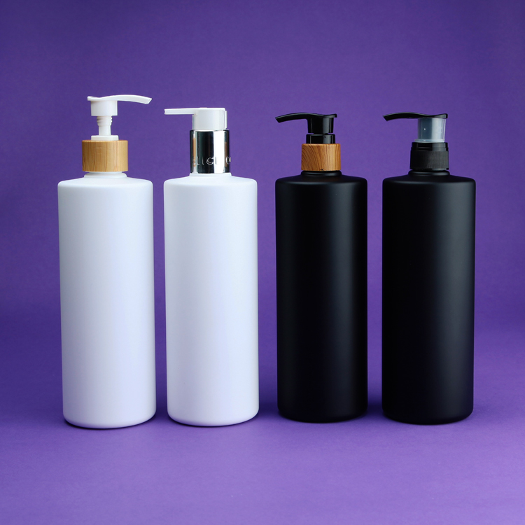 eco-friendly matte white & matte black cylinder pet shampoo bottle with bamboo pump sprayer