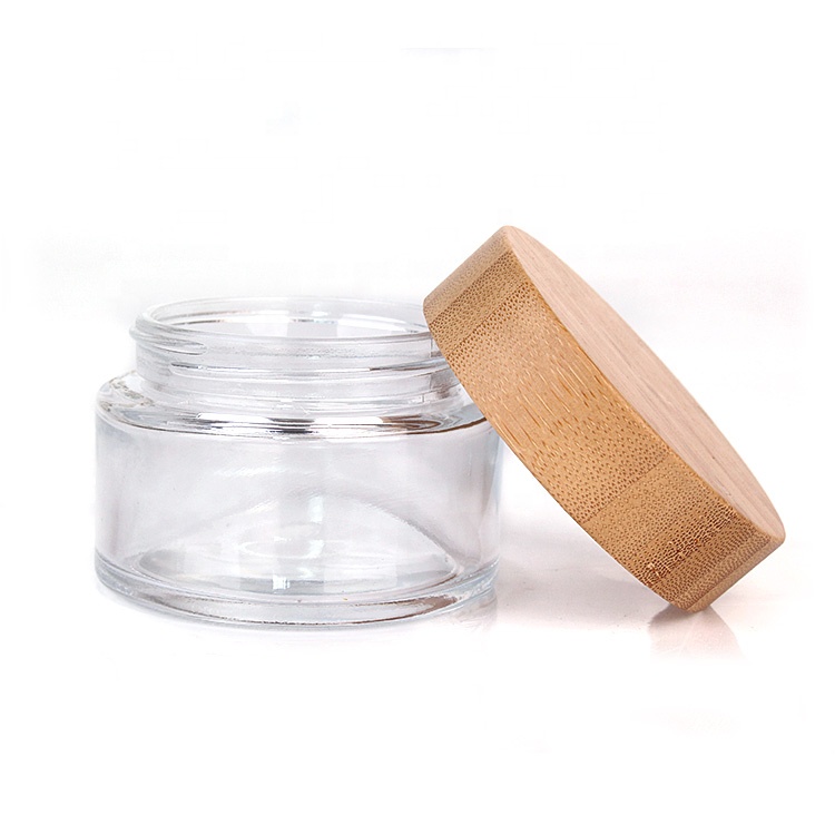 eco-friendly recyclable 50ml transparent cosmetic cream glass jar with bamboo lid