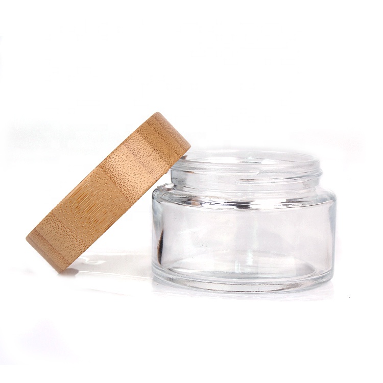 eco-friendly recyclable 50ml transparent cosmetic cream glass jar with bamboo lid