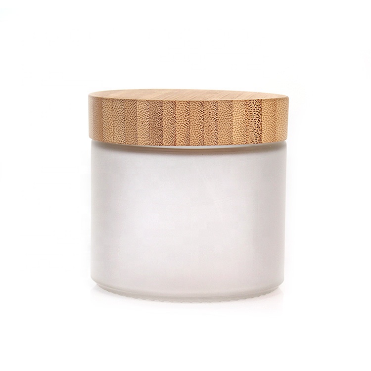 eco-friendly recyclable frosted cosmetic glass jar 420ml 14oz with bamboo lid