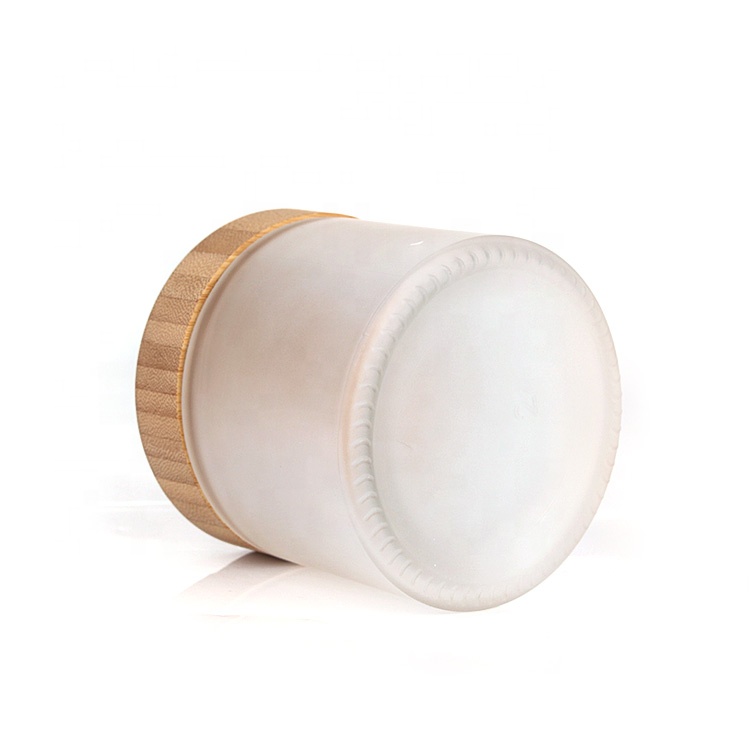 eco-friendly recyclable frosted cosmetic glass jar 420ml 14oz with bamboo lid