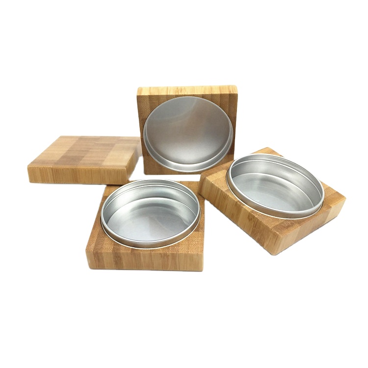 eco friendly square shape bamboo collar jar empty aluminum jar with wood colar bottle cosmetic packaging cream jar
