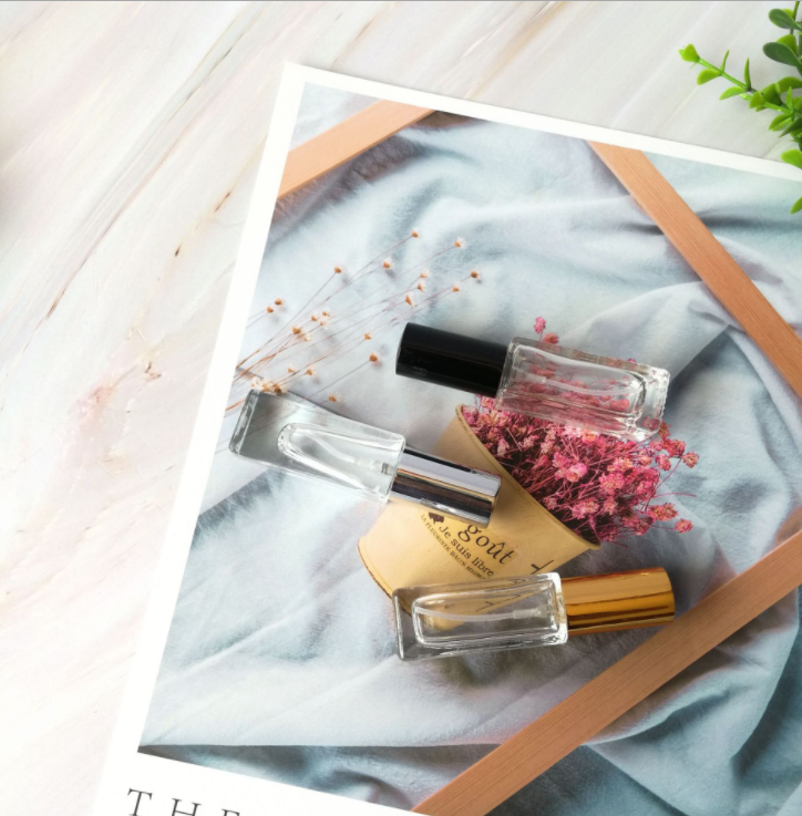 empty 10 ml rectangle thick bottom perfume glass bottle 10ml square roll on bottle with stainless steel roller for essential oil