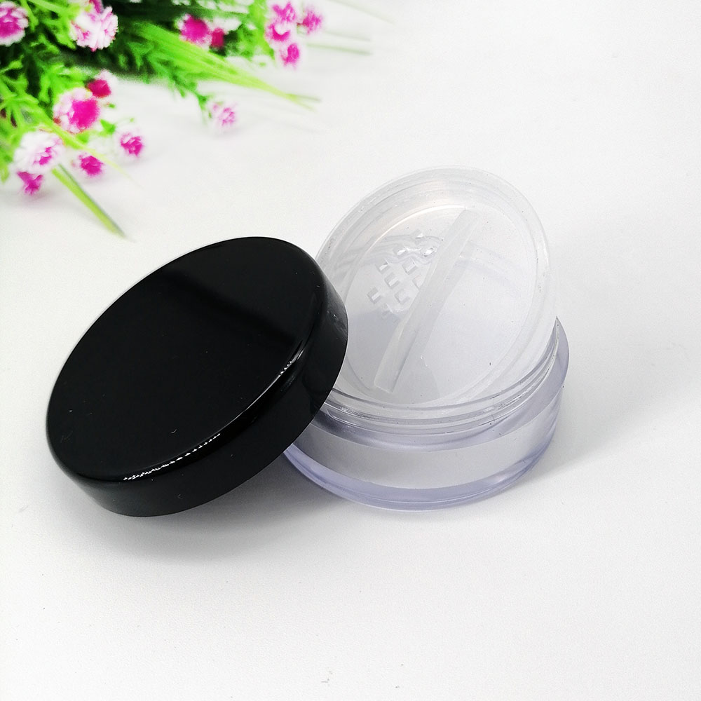 empty 10g loose powder jar Plastic glossy black cover transparent loose powder jar Rotating sifter