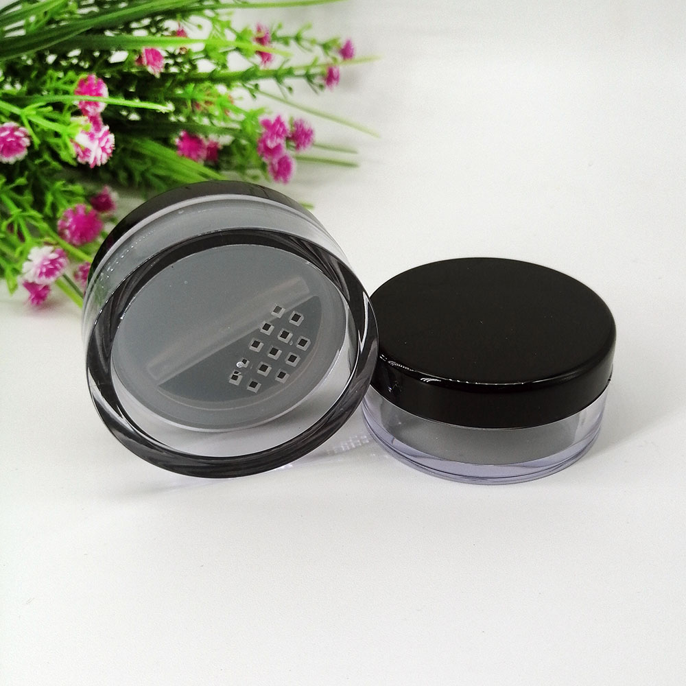 empty 10g loose powder jar Plastic glossy black cover transparent loose powder jar Rotating sifter