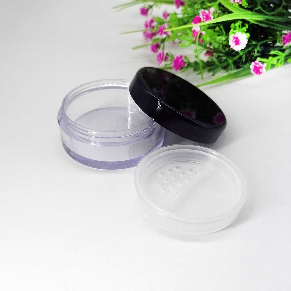 empty 10g loose powder jar Plastic glossy black cover transparent loose powder jar Rotating sifter