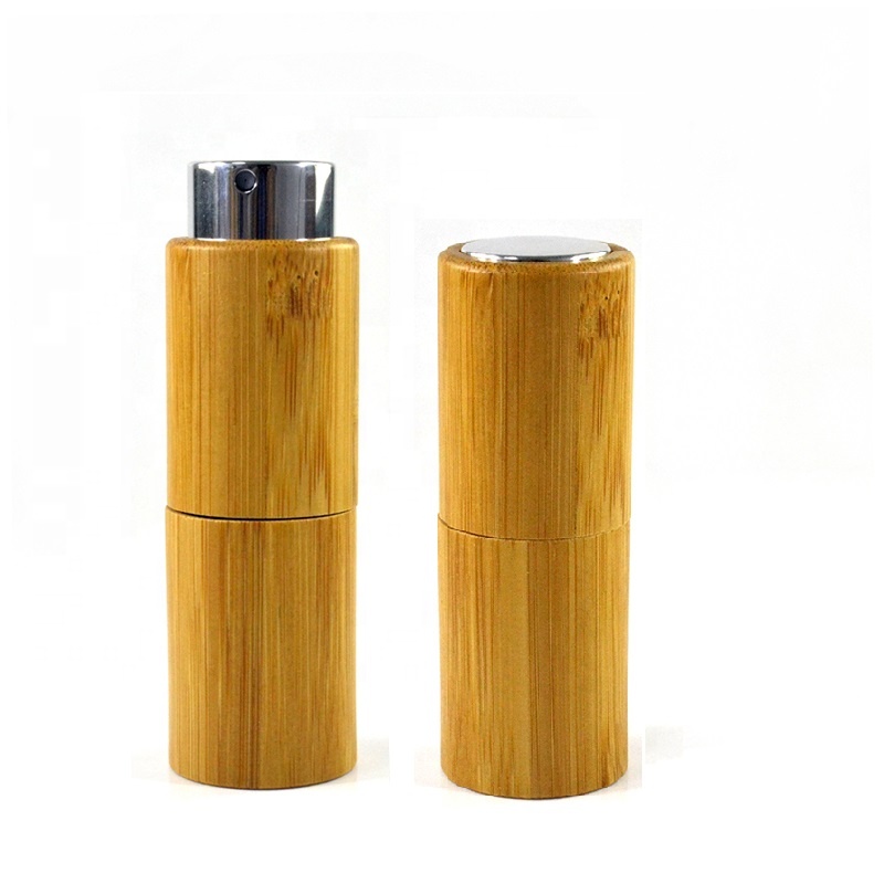 empty 10ml glass inner bamboo cover Rotary perfume spray glass bottle