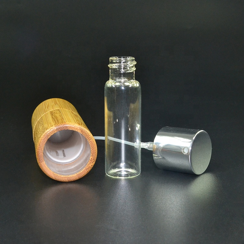 empty 10ml glass inner bamboo cover Rotary perfume spray glass bottle
