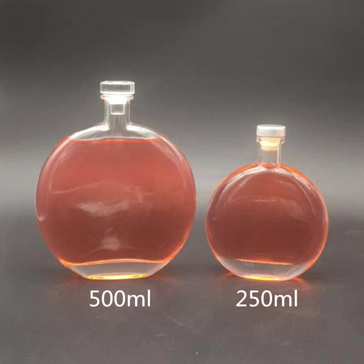 empty 250ml 500ml round clear flat glass bottle for fruit wine