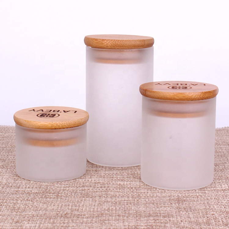 empty 3oz borosilicate glass round soy candle frosted jar with bamboo lid