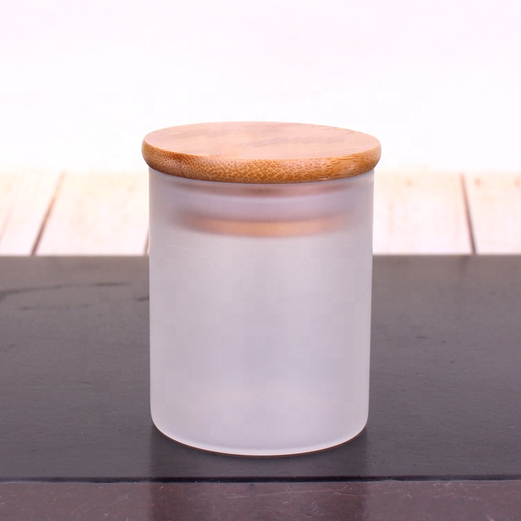 empty 3oz borosilicate glass round soy candle frosted jar with bamboo lid