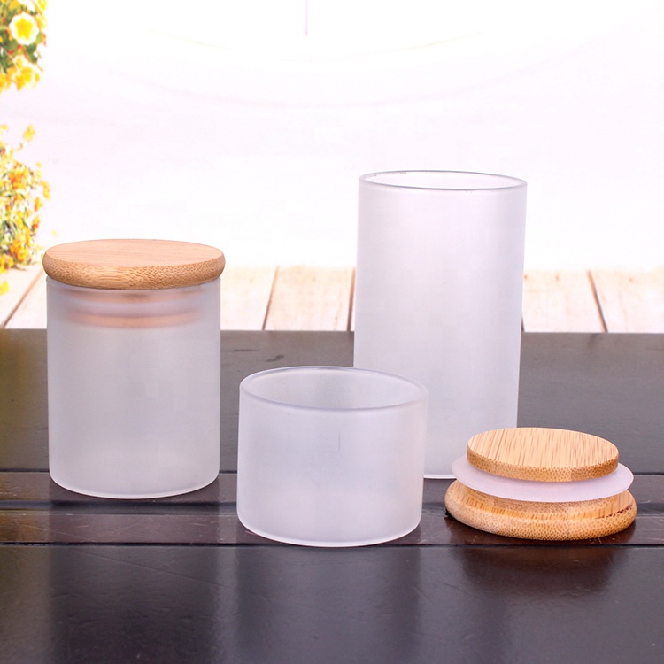 empty 3oz borosilicate glass round soy candle frosted jar with bamboo lid