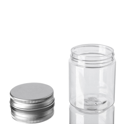 empty 80ml Round Cosmetic Packaging Container Clear PET Plastic Jar with sliver Aluminum Lid