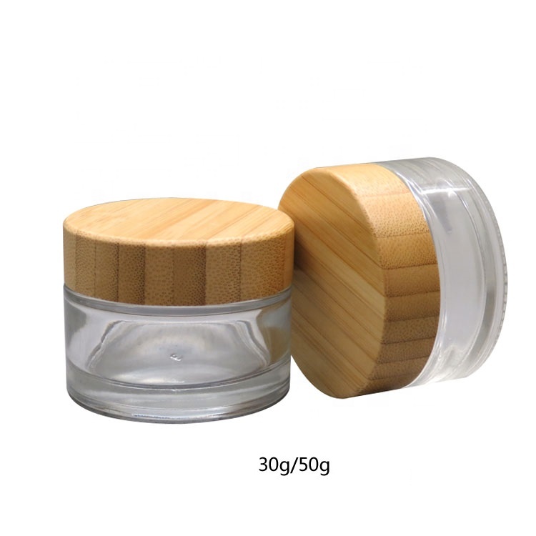 empty Cosmetic Cream Container 50g Frosted Glass Jar with Bamboo cap
