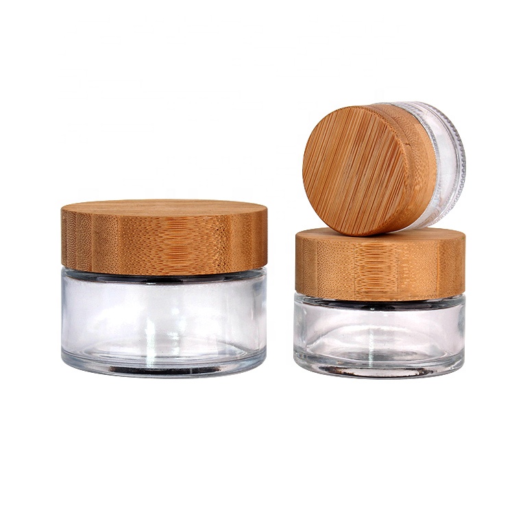 empty airtight 50ml 100ml glass jar with bamboo lid for cosmetic packing