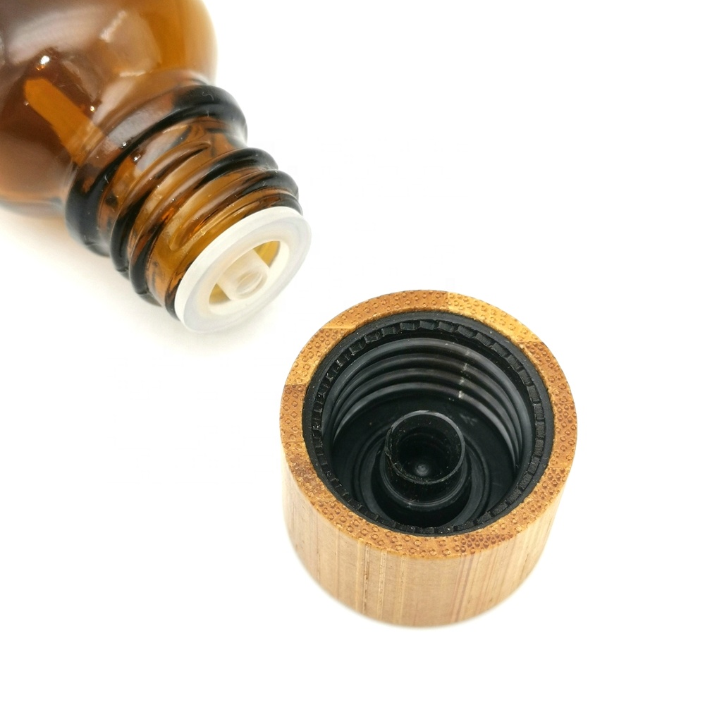 empty amber glass essential oil bottle 5ml 10ml 15ml 20ml 30ml 50ml 100ml with 18mm bamboo wood screw cap and reducer for oil