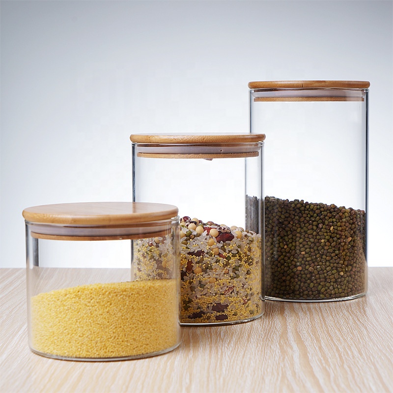 empty borosilicate sealable clear glass jar 250ml 500ml 950ml with bamboo lid for nut tea food packing in stock