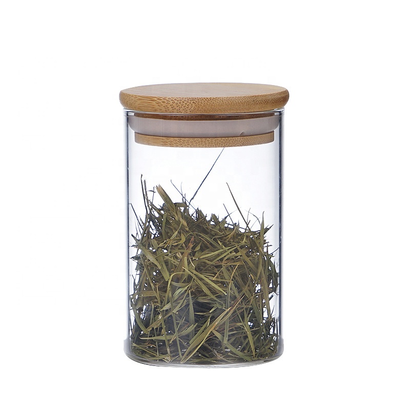 empty borosilicate sealable clear glass jar 250ml 500ml 950ml with bamboo lid for nut tea food packing in stock