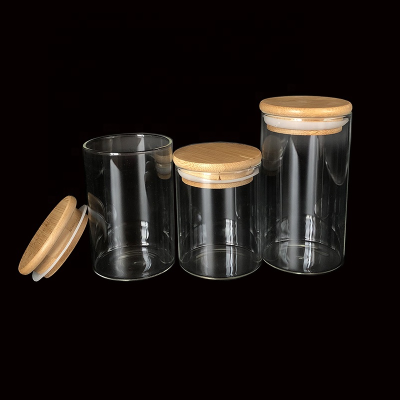 empty borosilicate sealable clear glass jar 250ml 500ml 950ml with bamboo lid for nut tea food packing in stock