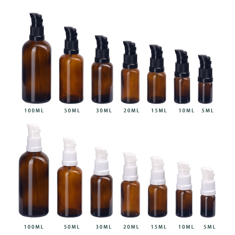 empty brown glass cosmetic bottles 5 ml to 100 ml amber glass bottles with 18/415 plastic beak lotion pump dispenser for cream