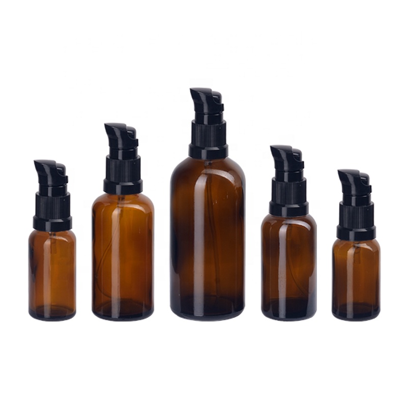 empty brown glass cosmetic bottles 5 ml to 100 ml amber glass bottles with 18/415 plastic beak lotion pump dispenser for cream