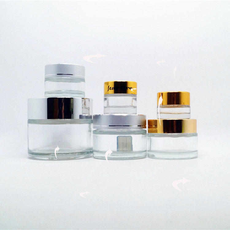 empty classic round stock glass jars 5g 10g 20g 30g 50g 100g face eye cream clear glass jar with matte silver lid for skincare