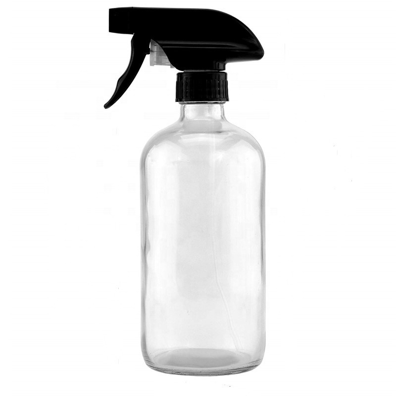 empty clear 500ml 16 oz 8 oz boston round glass bottle with black trigger sprayer cap