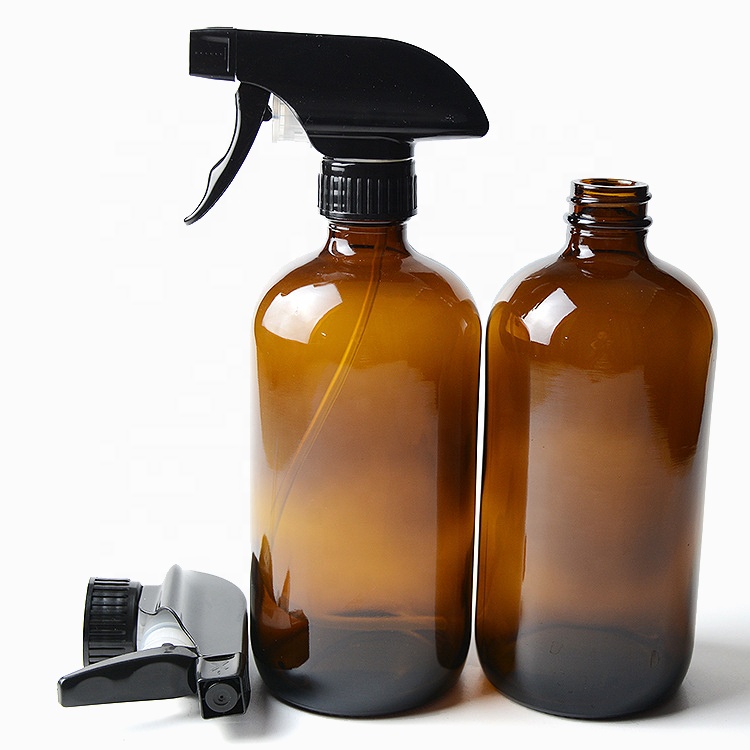 empty clear 500ml 16 oz 8 oz boston round glass bottle with black trigger sprayer cap