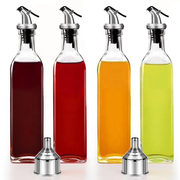 empty clear square 8oz olive oil sprayer glass bottle for soy sauce vinegar with nozzle cap and stainless steel funnel  250ml