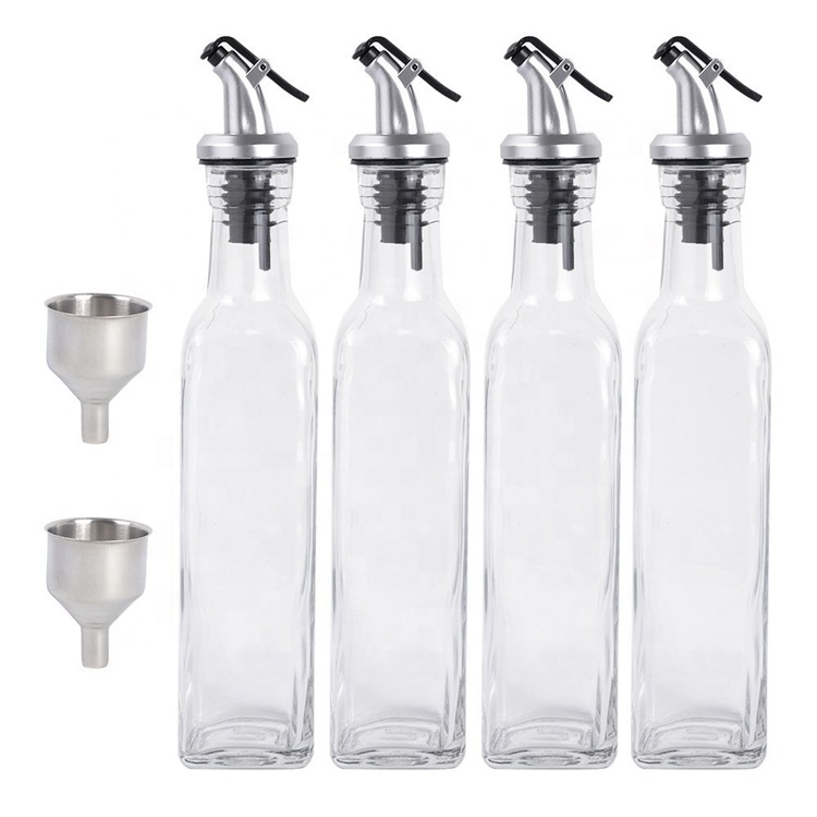 empty clear square 8oz olive oil sprayer glass bottle for soy sauce vinegar with nozzle cap and stainless steel funnel  250ml