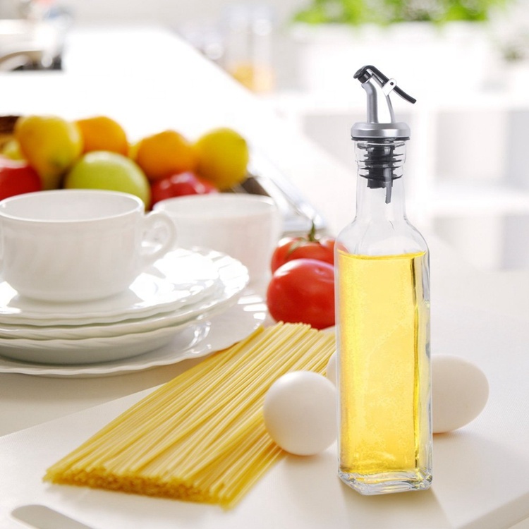 empty clear square 8oz olive oil sprayer glass bottle for soy sauce vinegar with nozzle cap and stainless steel funnel 250ml
