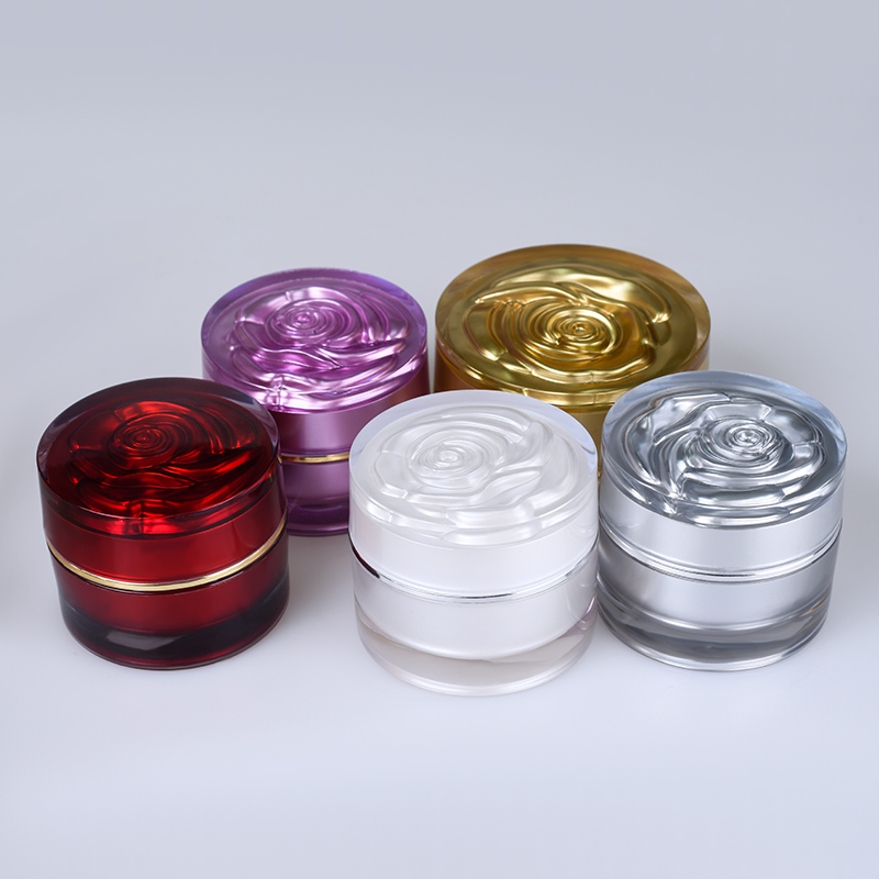 empty cosmetic containers white gold sliver red purple 5g 15g 30g plastic acrylic cream jar with Rose caving lid