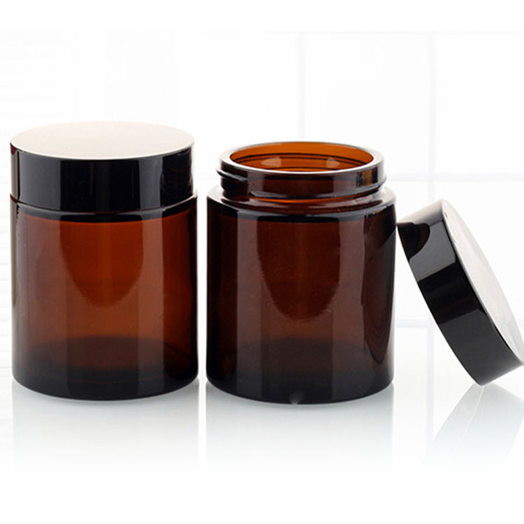 empty cosmetic glass amber jar 250ml 8oz with black lid for cream