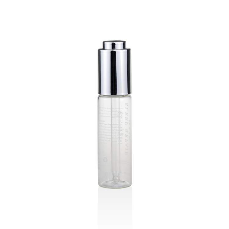 empty cosmetic oil bottle15ml 20ml 25ml 30ml 35ml custom silk printing face oil tube clear glass bottle with silver pump dropper