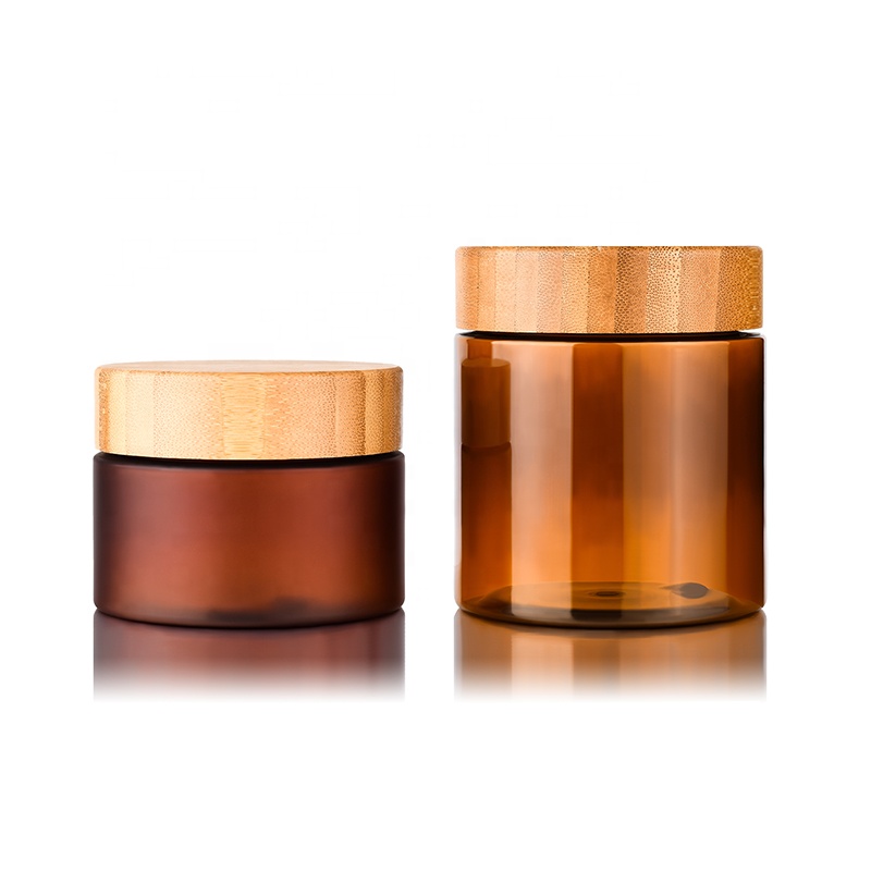 empty cosmetic packing container 50ml 150ml 250ml 500ml amber plastic jar with bamboo lid