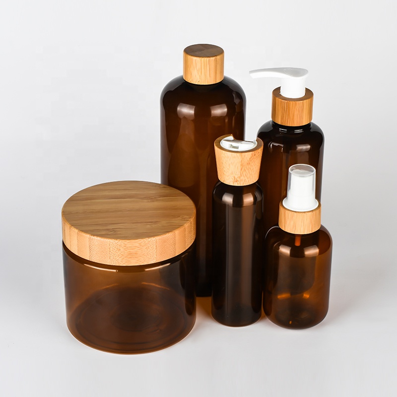 empty cosmetic packing container 50ml 150ml 250ml 500ml amber plastic jar with bamboo lid