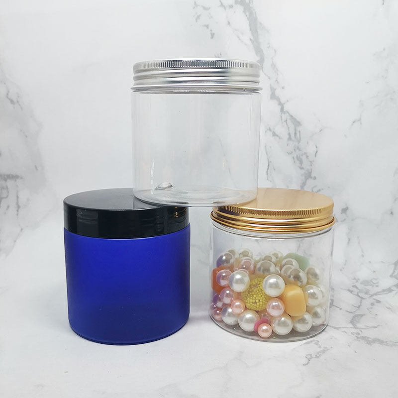 empty cosmetics plastic container wood grain lid 200ml matte pet blue jar